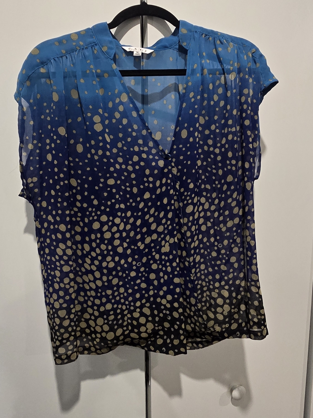 CAbi Blue Ombre Dot V-Neck Blouse with Gold Dots